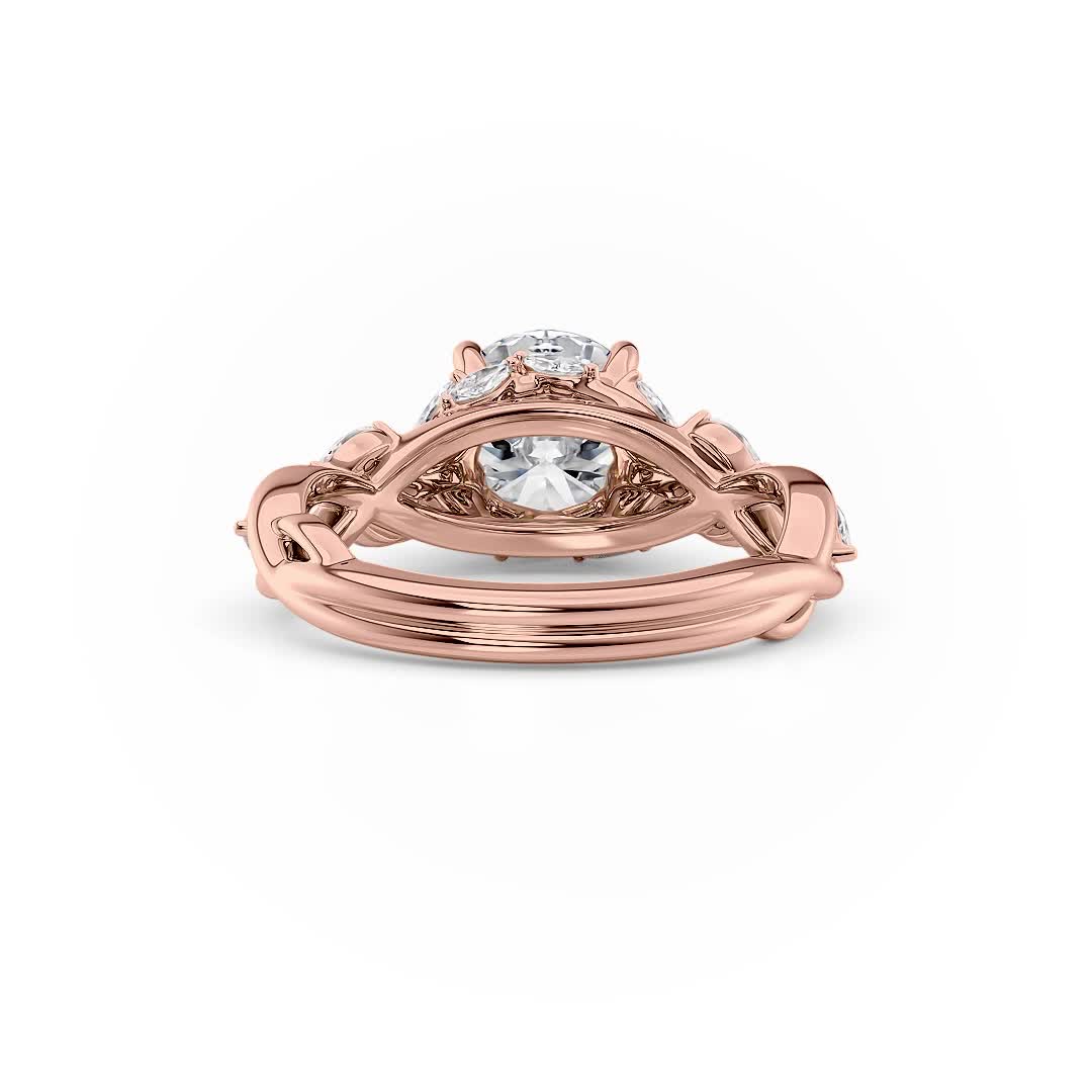 14k rose gold lab round & marquise vine engagement ring with round shape diamond