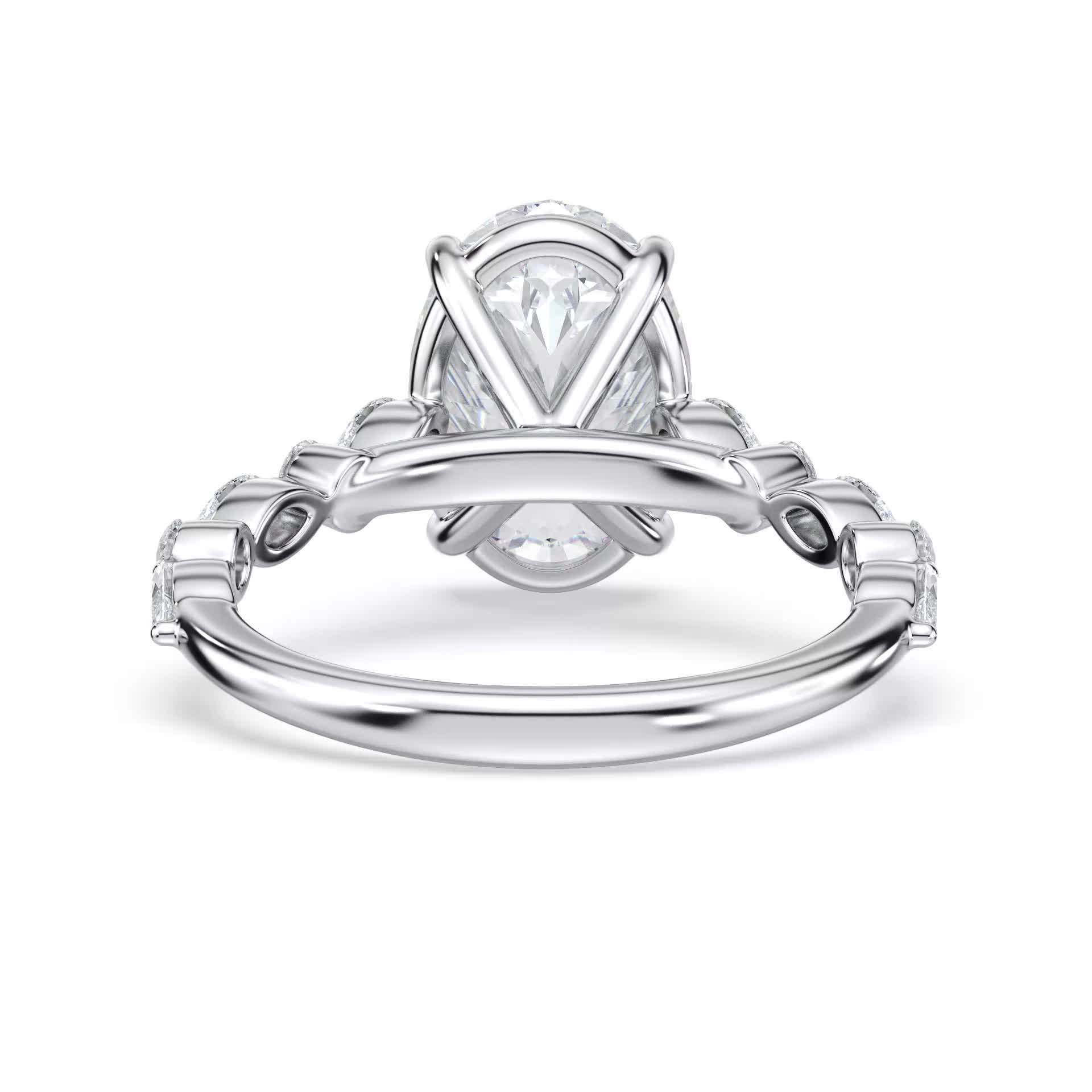 18k white gold cathedral with alternating marquise & round natural diamonds engagement ring with oval shape diamond