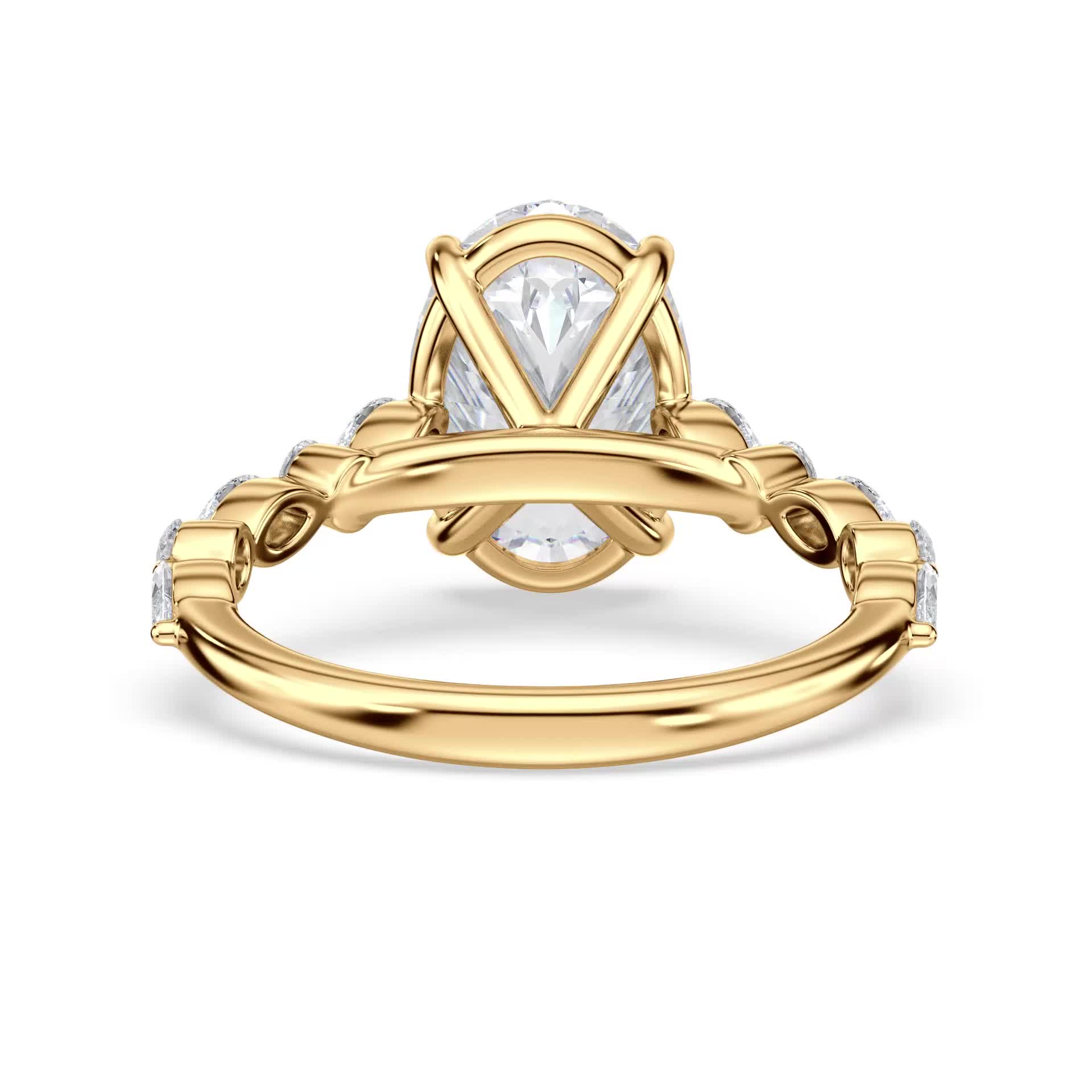14k yellow gold cathedral with alternating marquise & round natural diamonds engagement ring with oval shape diamond