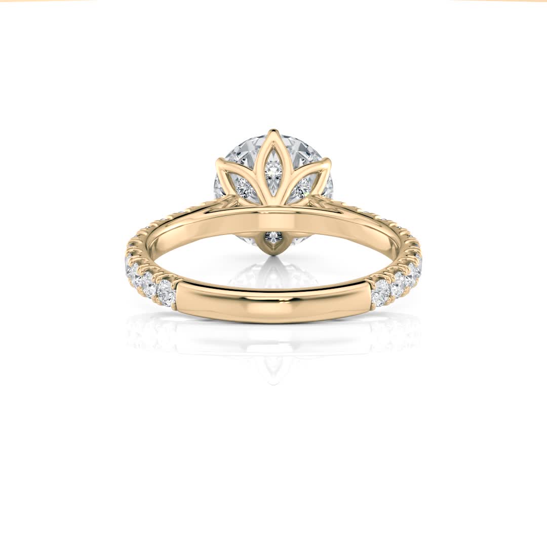 14k yellow gold 6 tulip cathedral pave engagement ring with surprise lab diamonds with round shape diamond