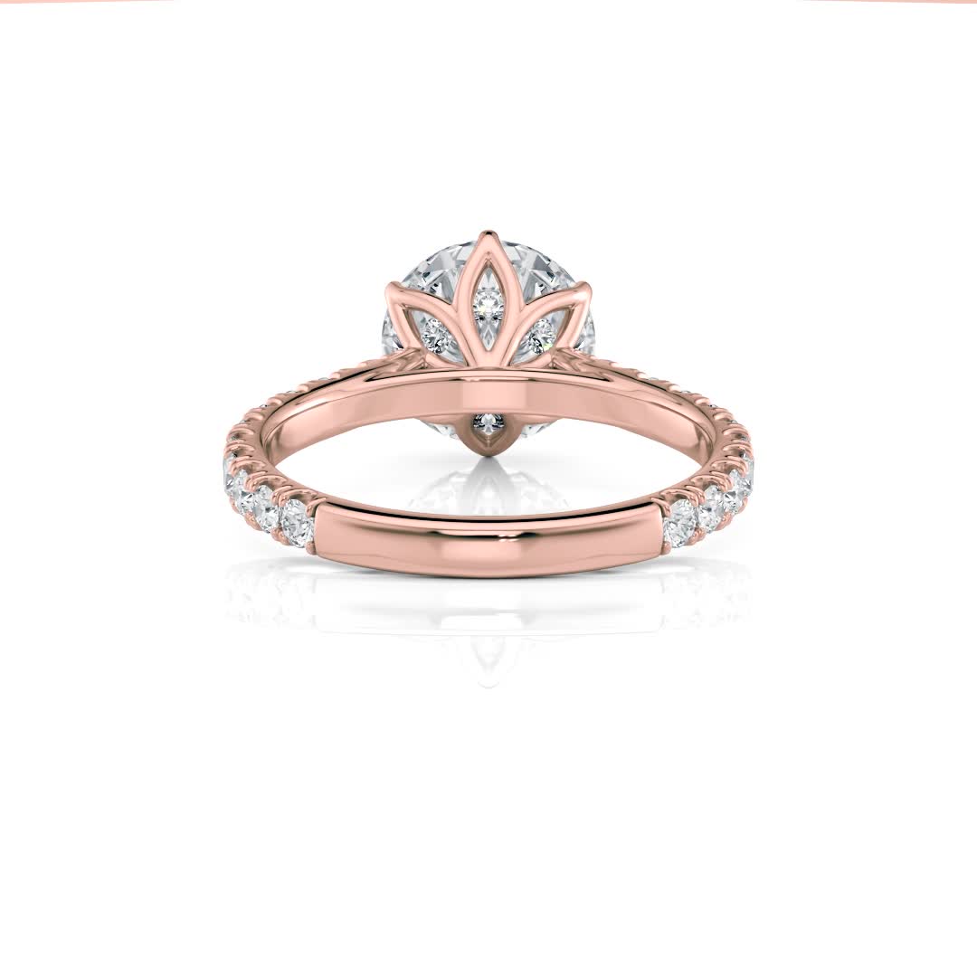 14k rose gold 6 tulip cathedral pave engagement ring with surprise lab diamonds with round shape diamond