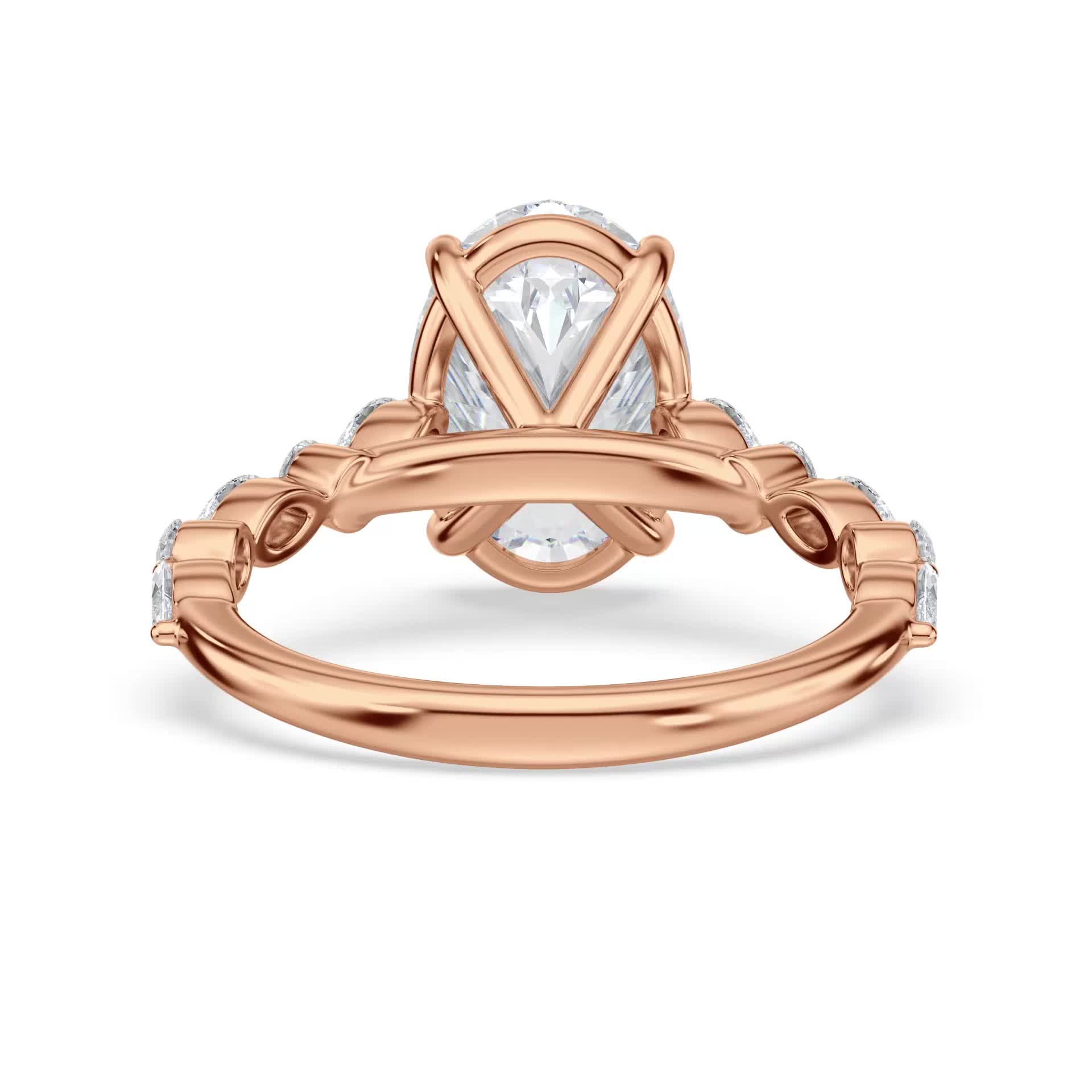 14k rose gold cathedral with alternating marquise & round lab diamonds engagement ring with oval shape diamond