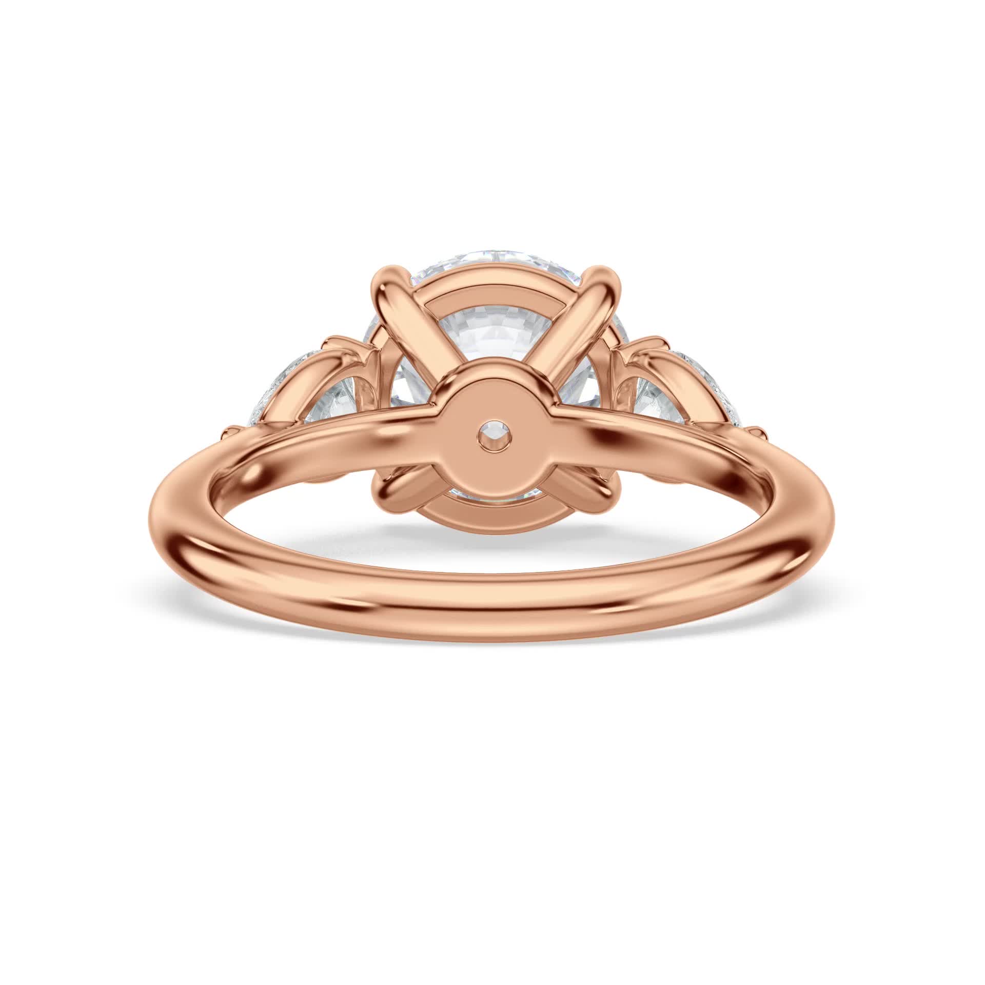 14k rose gold lab tapered three stone with pears engagement ring with round shape diamond