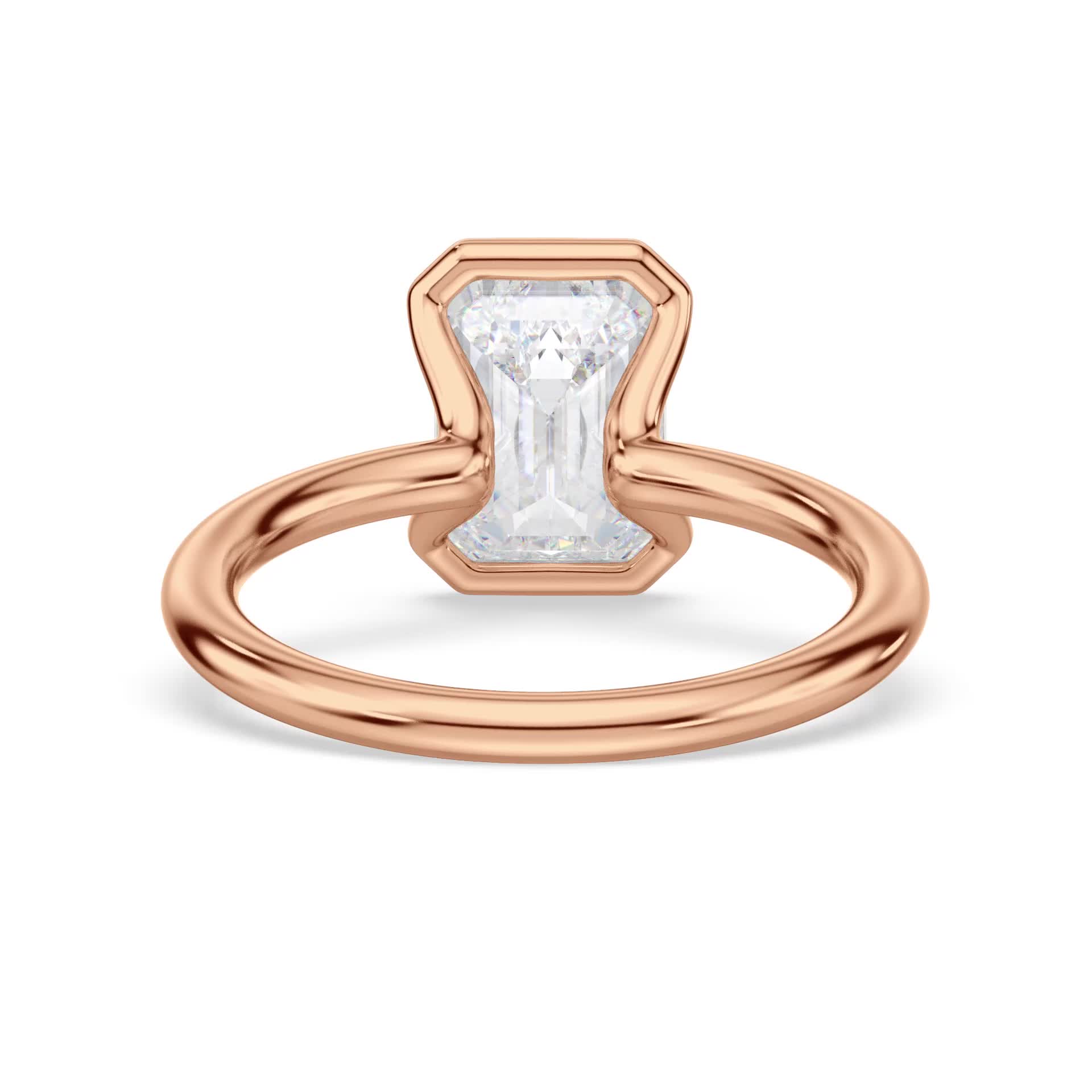 14k rose gold half bezel emerald solitaire engagement ring with emerald shape diamond