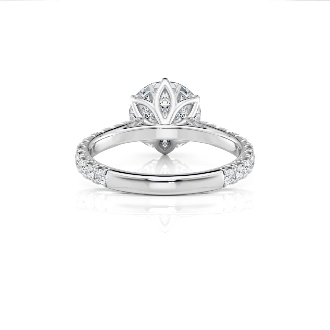 18k white gold 6 tulip cathedral pave engagement ring with surprise lab diamonds with round shape diamond