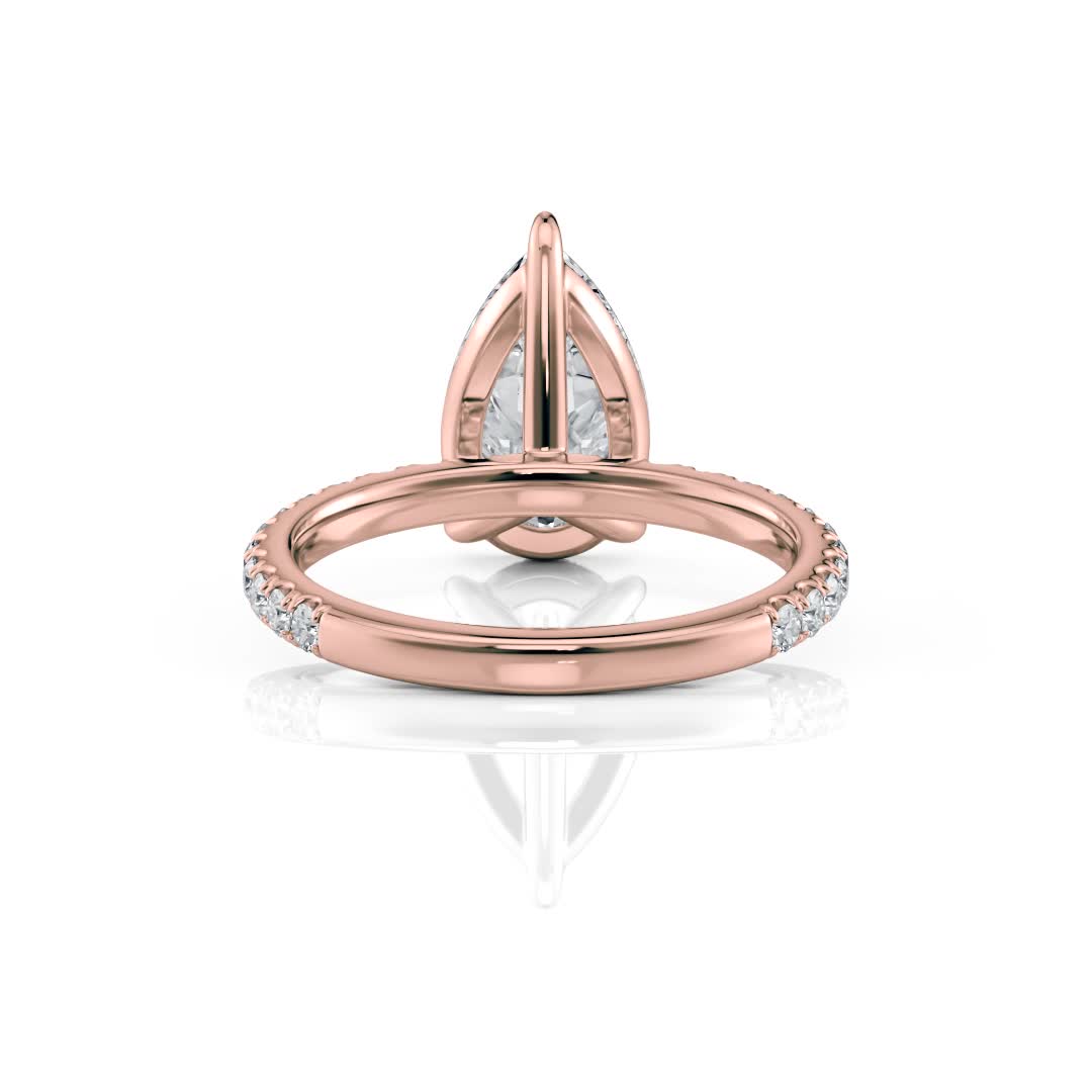 14k rose gold lab 3 prong pear pave engagement ring with round shape diamond