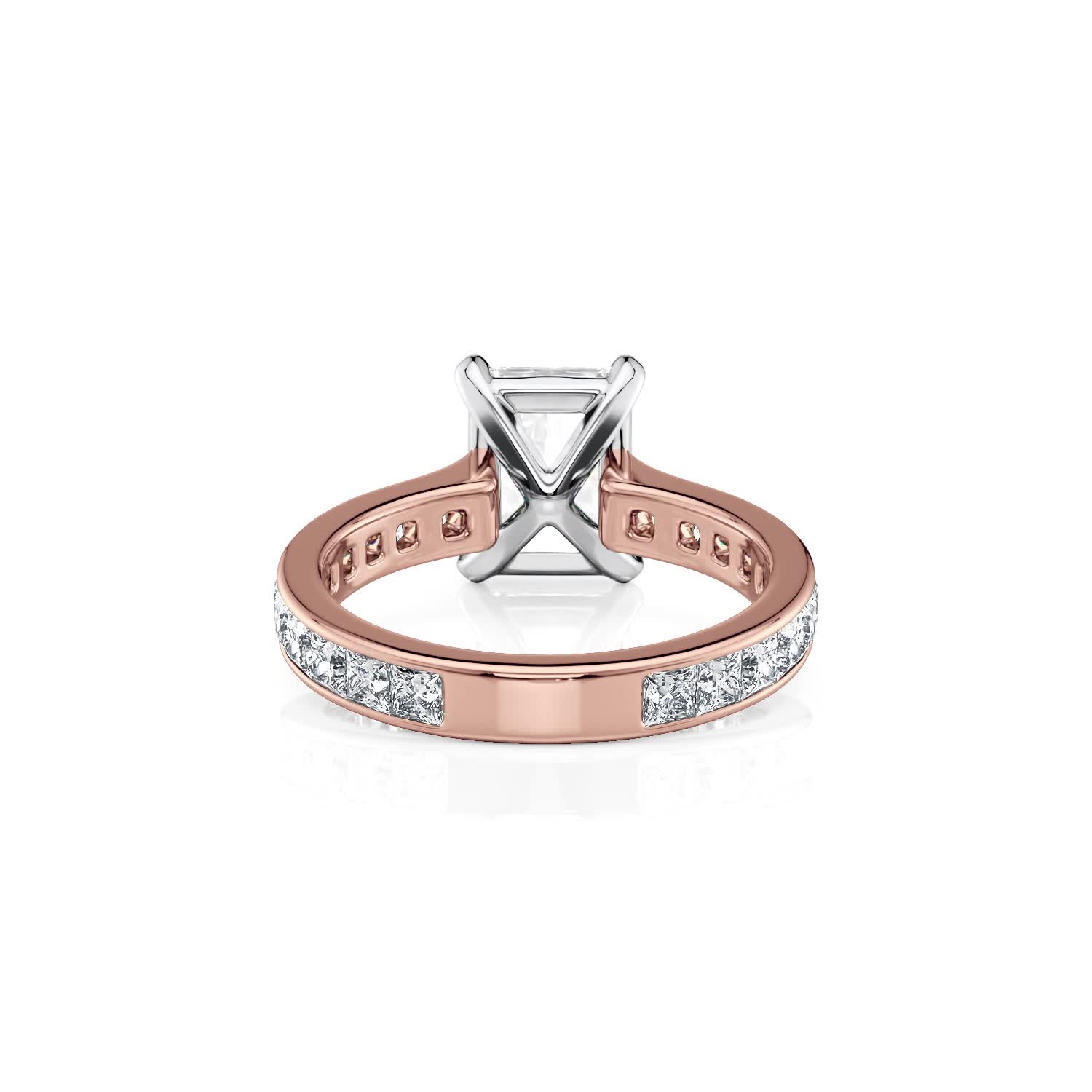 14k rose gold two tone radiant cut diamond with channel set princess cut lab diamonds engagement ring with radiant shape diamond