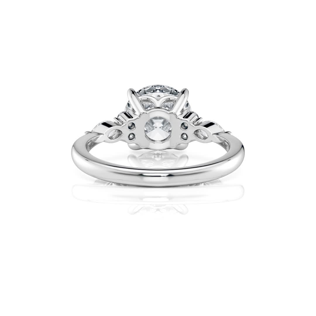 18k white gold lab round center with marquise & round cluster engagement ring with round shape diamond