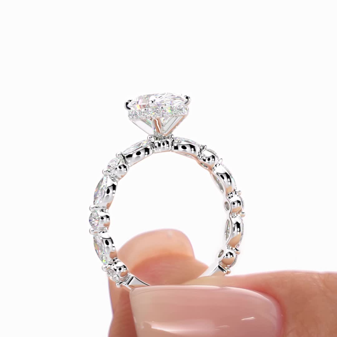 18k white gold hidden halo with alternating marquise & round diamonds engagement ring with oval shape diamond