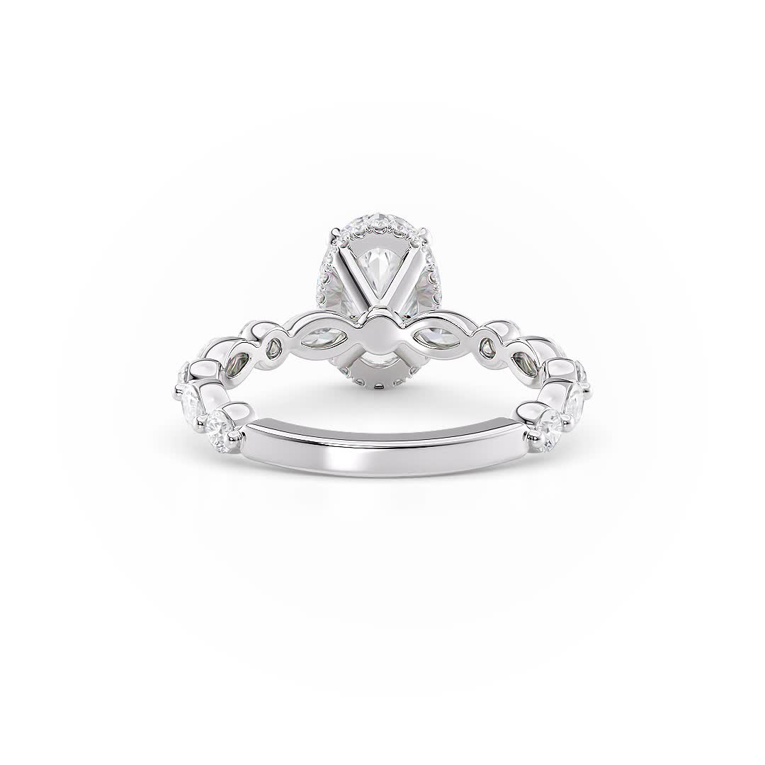 18k white gold hidden halo with alternating marquise & round diamonds engagement ring with oval shape diamond