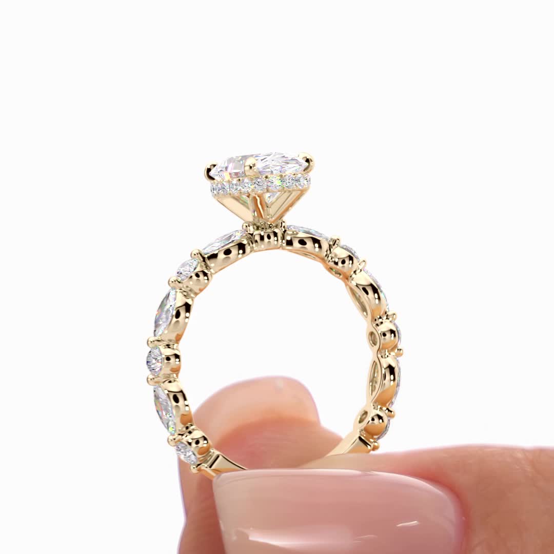 18k yellow gold hidden halo with alternating marquise & round diamonds engagement ring with oval shape diamond