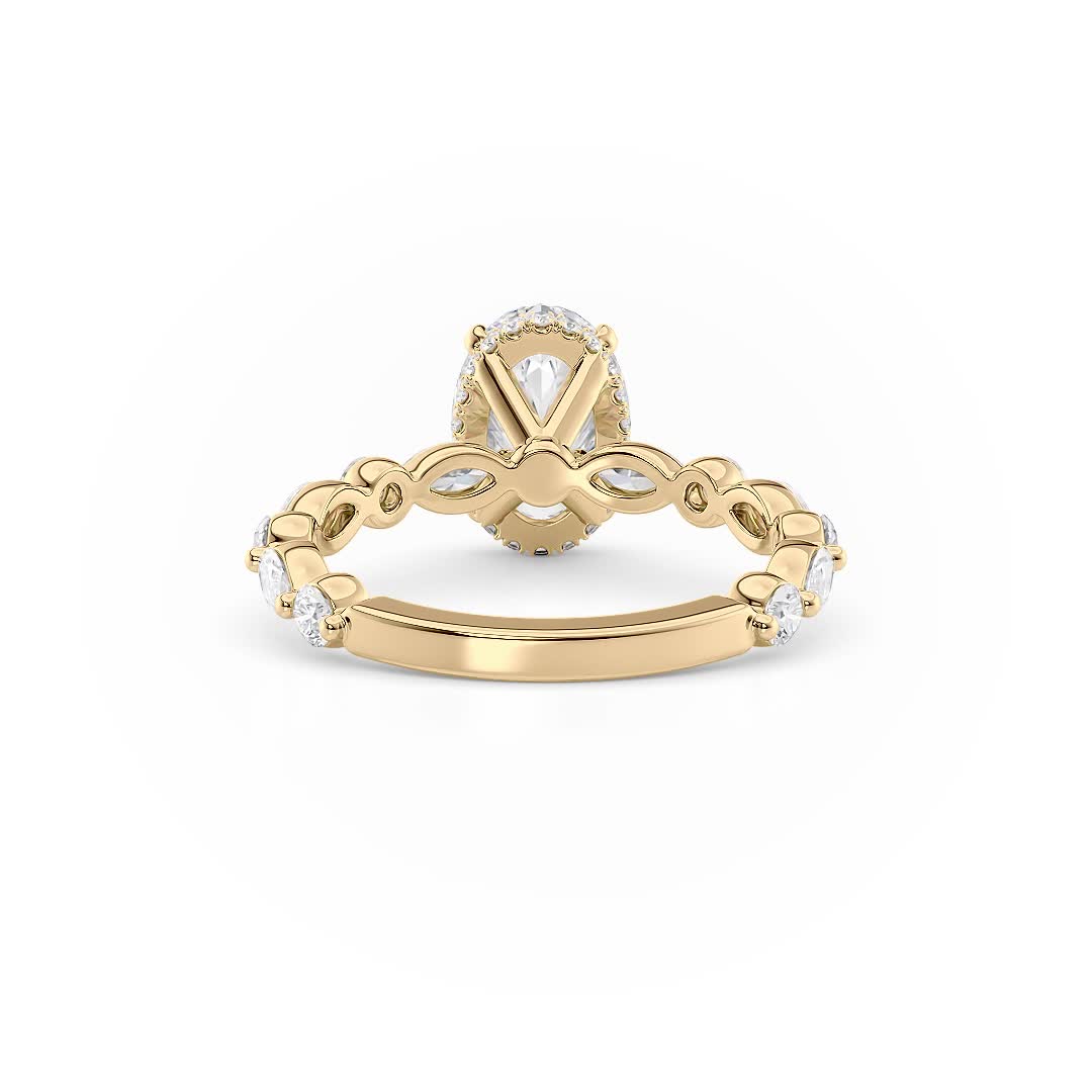 18k yellow gold hidden halo with alternating marquise & round diamonds engagement ring with oval shape diamond