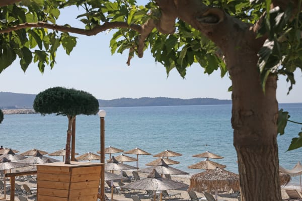 Atmosphere of The Great Beach of Limenaria: Variety, Comfort, &amp; Views of Mount Athos in Greece Macedonia Thassos 