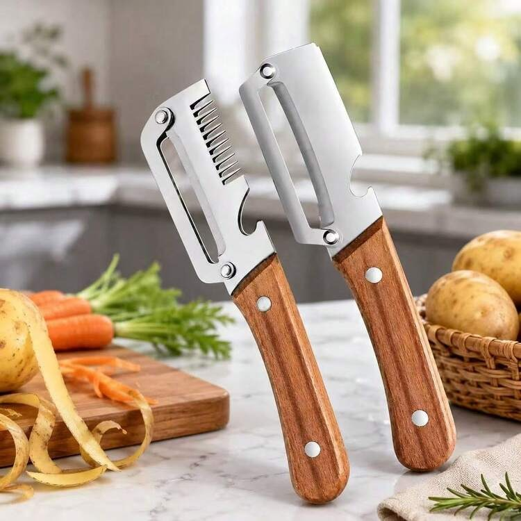 Stainless Steel Vegetable Peeler | Wooden Handle 3-in-1 Julienne Slicer & Bottle Opener