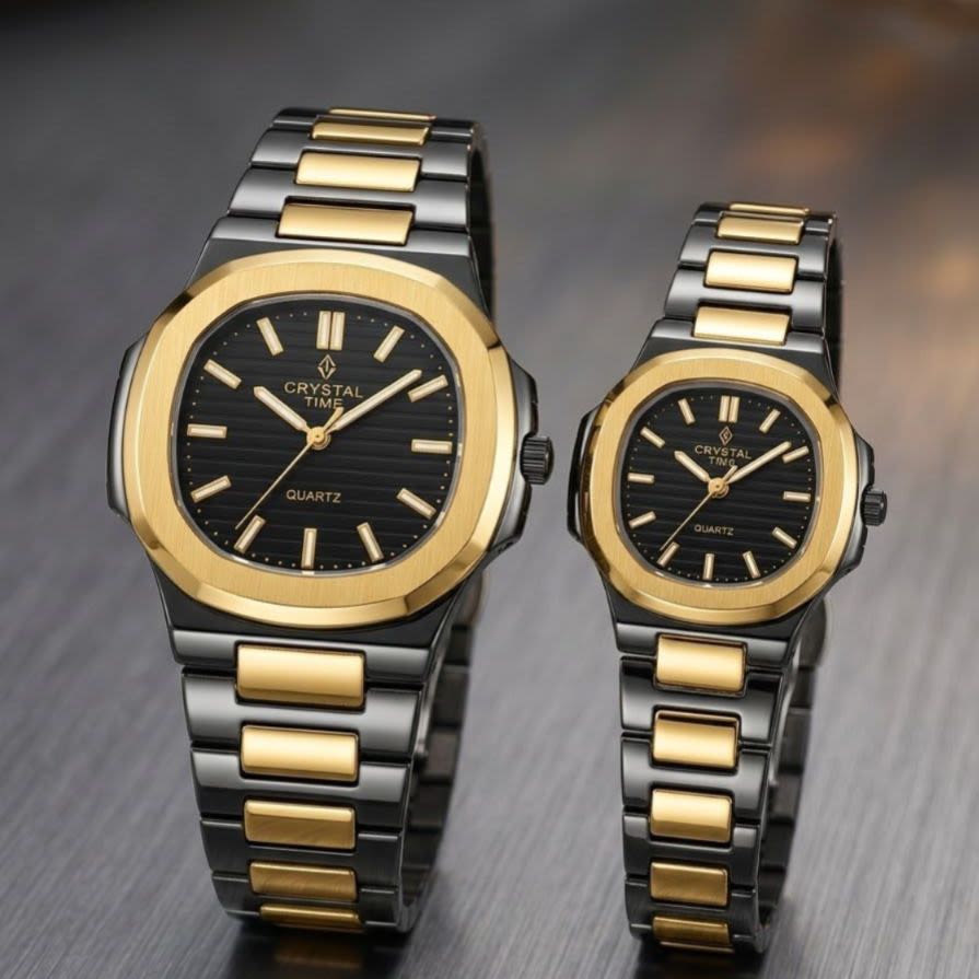 CRYSTAL TIME Luxury Matching Couple Watch Octagonal Bezel Textured Black Dial