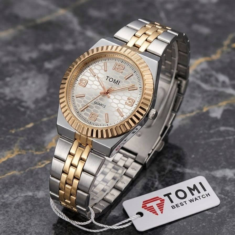Tomi Men's Classic Stainless Steel Quartz Watch with Fluted Bezel