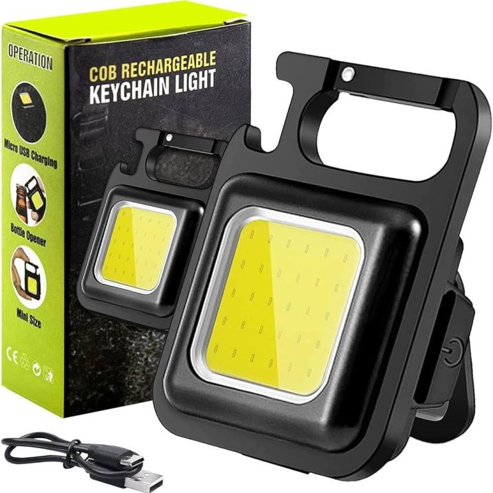 COB Rechargeable Keychain Flashlight with 3 Light Modes, Folding Bracket, Bottle Opener & Magnet Base