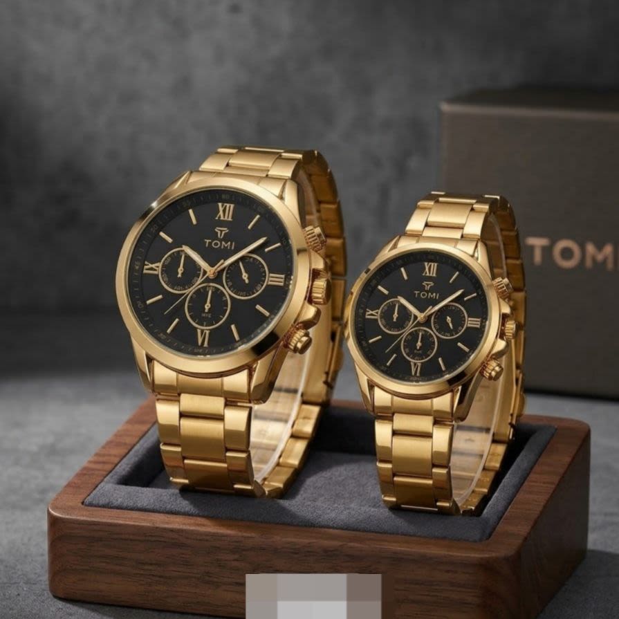Tomi Luxury Couple Watch Set – Elegant Gold Chronograph-Style Quartz Wristwatches with Stainless Steel Strap (His & Hers Pair)