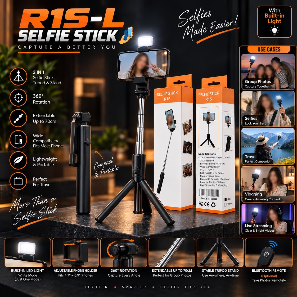 R1S-L 3-in-1 Selfie Stick with Tripod Stand, Bluetooth Remote & LED Light