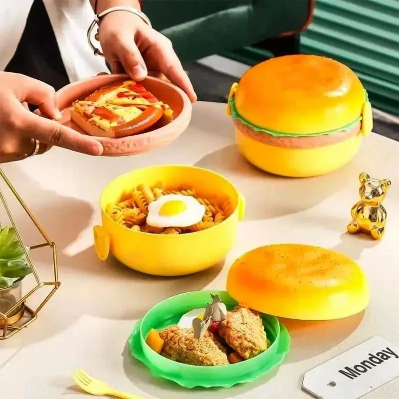 Burger Shape Double Layer Plastic Lunch Box with Spoons
