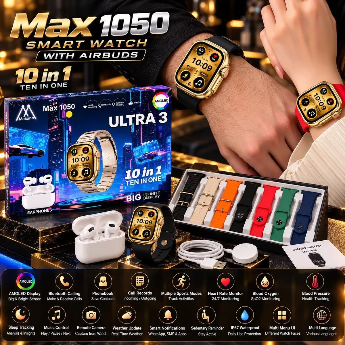 Max 1050 Ultra 3 Smart Watch with Airbuds 10-in-1 Combo AMOLED Display
