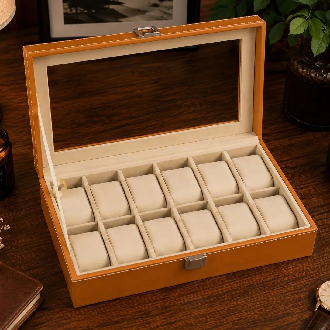 Luxury PU Leather Watch Storage Box & Display Case with Glass Lid