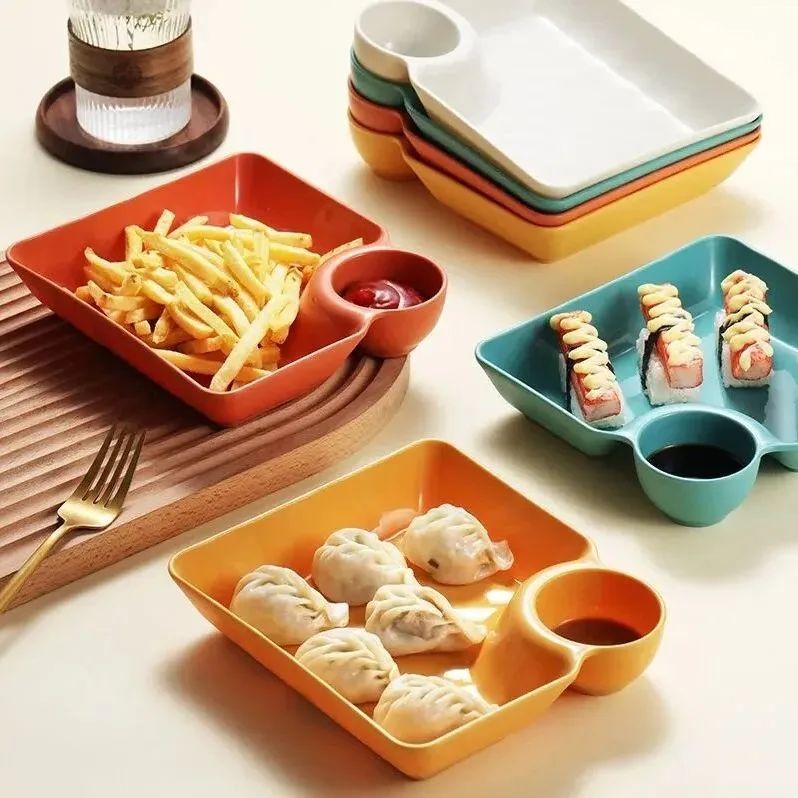Pack of 4 Multipurpose Snacks French Fries and Dumpling Plates with Built-in Sauce Compartment