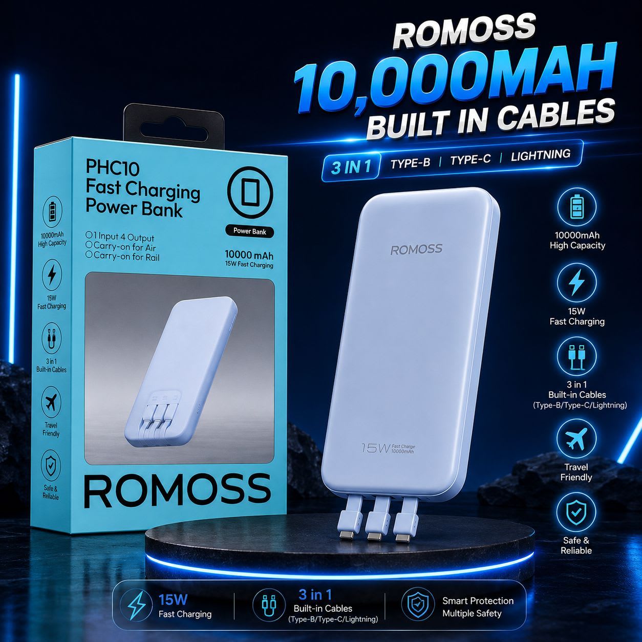 ROMOSS PHC10 10000mAh Power Bank | 15W Built-in 3 Cables