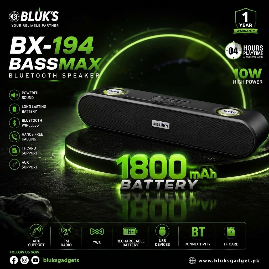 BLÜK'S BX-194 BassMax Bluetooth Speaker | 10W Wireless Sound & 1800mAh Battery