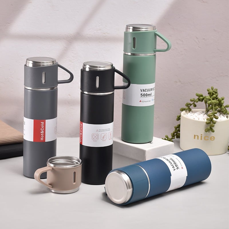 500ml Vacuum Flask Set with Cups | Stainless Steel Insulated Thermos Gift Box