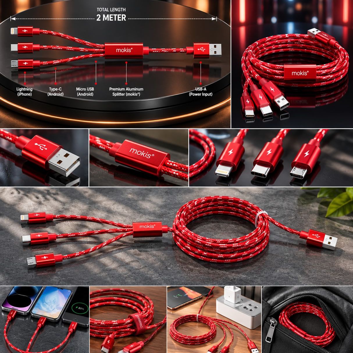 Mokis 3-in-1 Fast Charging Cable | 2M Multi USB Nylon Braided Cord