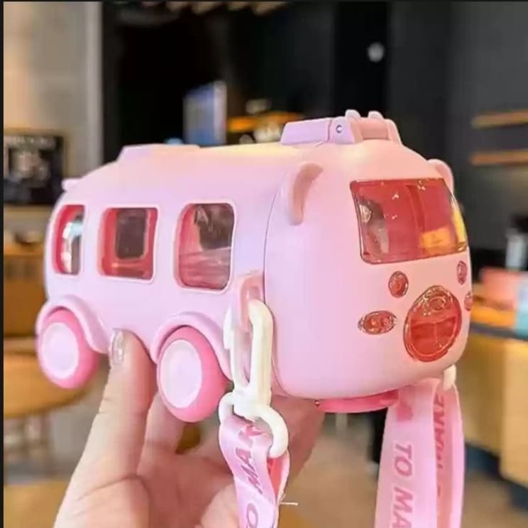 Cartoon Bus Water Bottle | Cute Kids Straw Cup with Strap