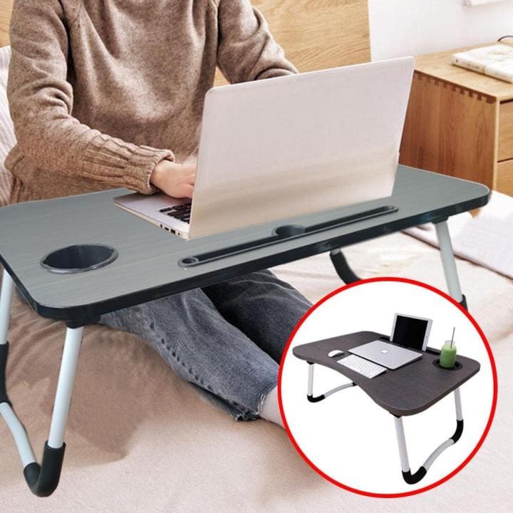 Portable Wooden Laptop Table | Foldable Bed Tray Desk with Cup Holder
