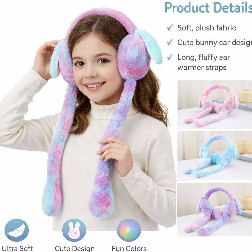 Fluffy Bunny Ear Muffs | Cute Plush Winter Earmuffs with Long Straps