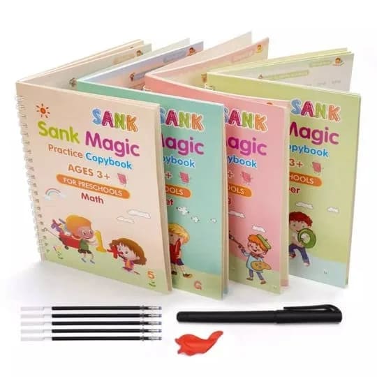 Magic Practice Copybook Set 4 Books with Magic Pen & 10 Ink Refills for Kids