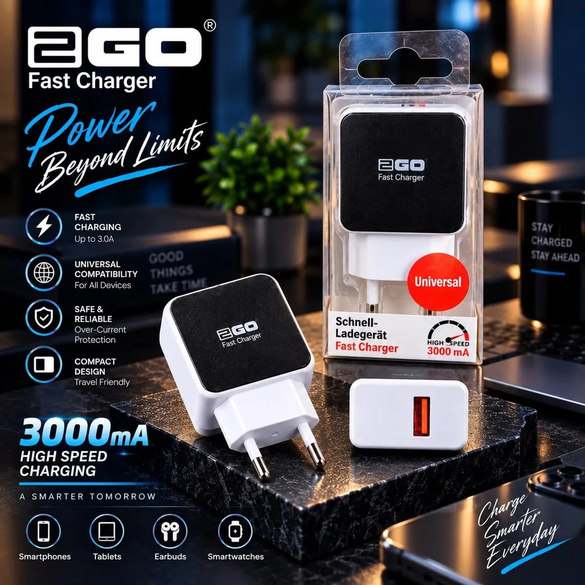 2GO Fast Charger with 3.0A USB-A Output and Travel-Friendly Design