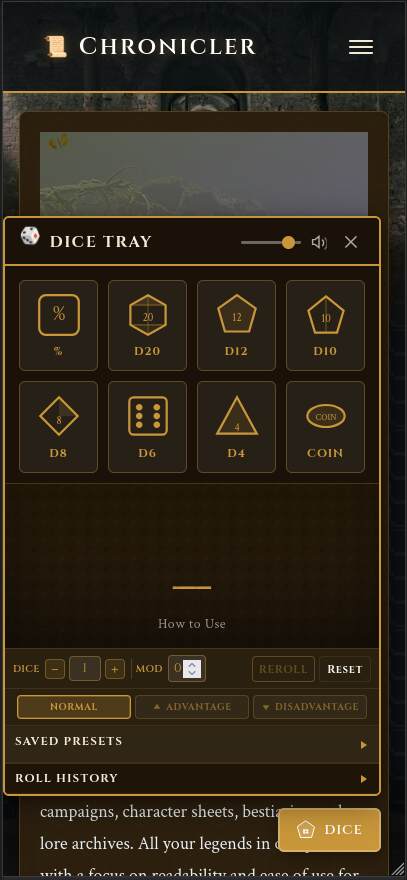 Dice Tray Plugin — Mobile dark mode
