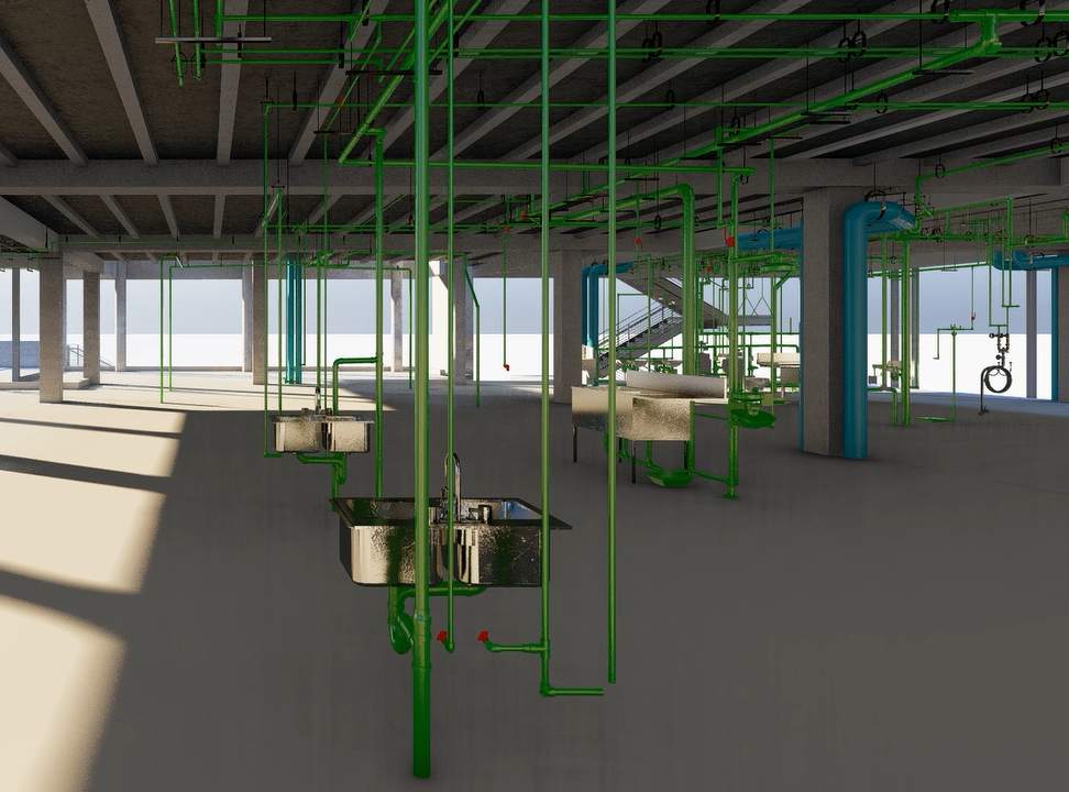 3D MEP drafting model showing coordinated mechanical and plumbing systems for a Texas structural building frame