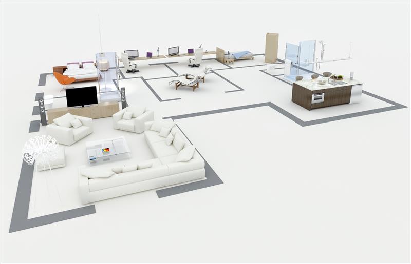 Interior 3D model - living space with materials, lighting, and furniture layout