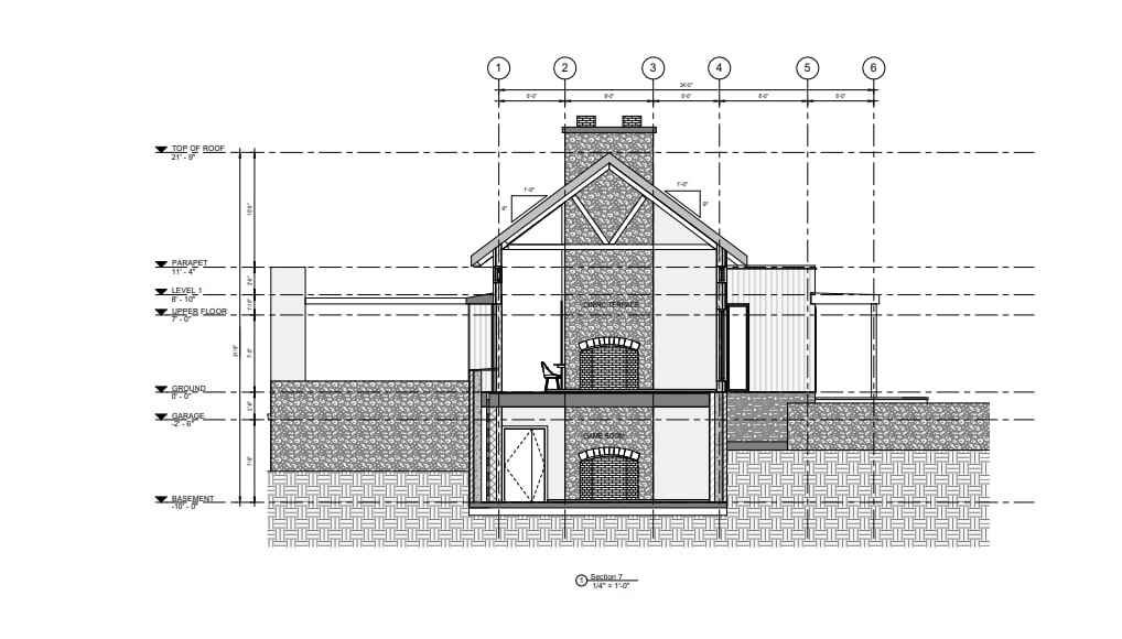 Residential permit set example with building elevation and section drawings for city submission