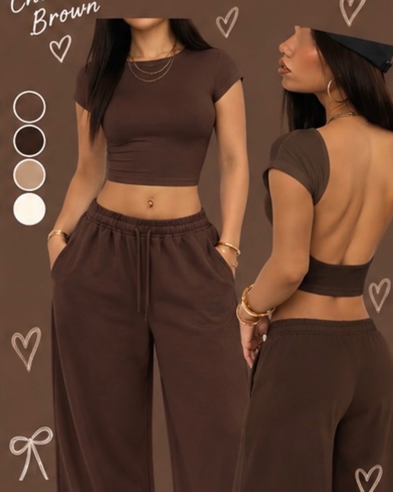 Short sleeve crop top with open back in Chocolate Brown