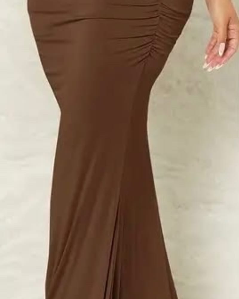 Ruched plain maxi skirt in Brown