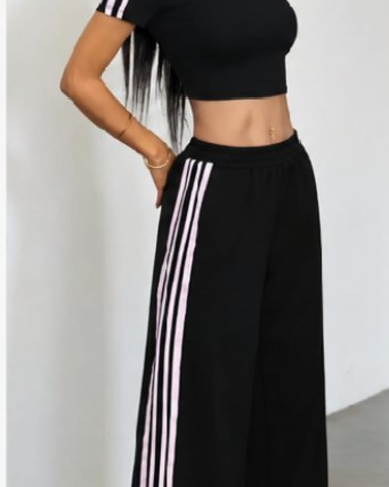 StripesFlow Wide Leg Joggers in Black