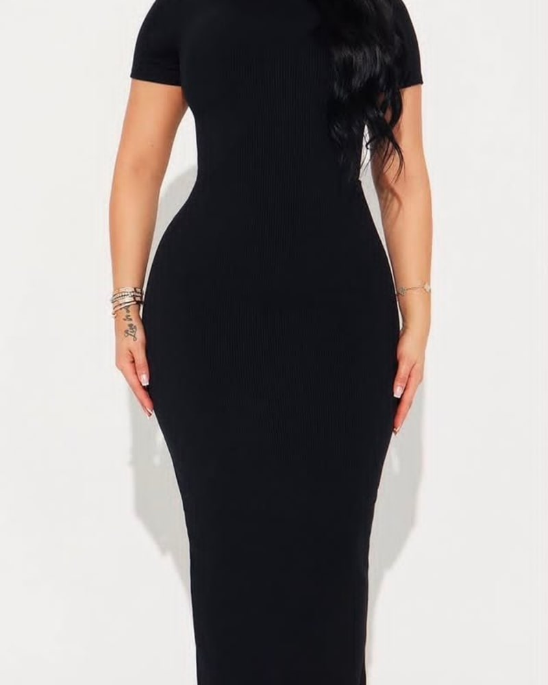 Short sleeve high neck bodycon maxi dress in Black