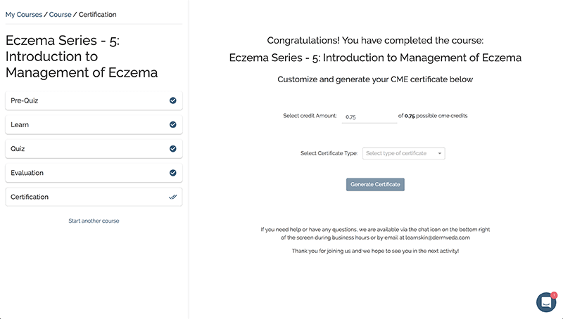 screenshot of certificate selection screen in learnskin