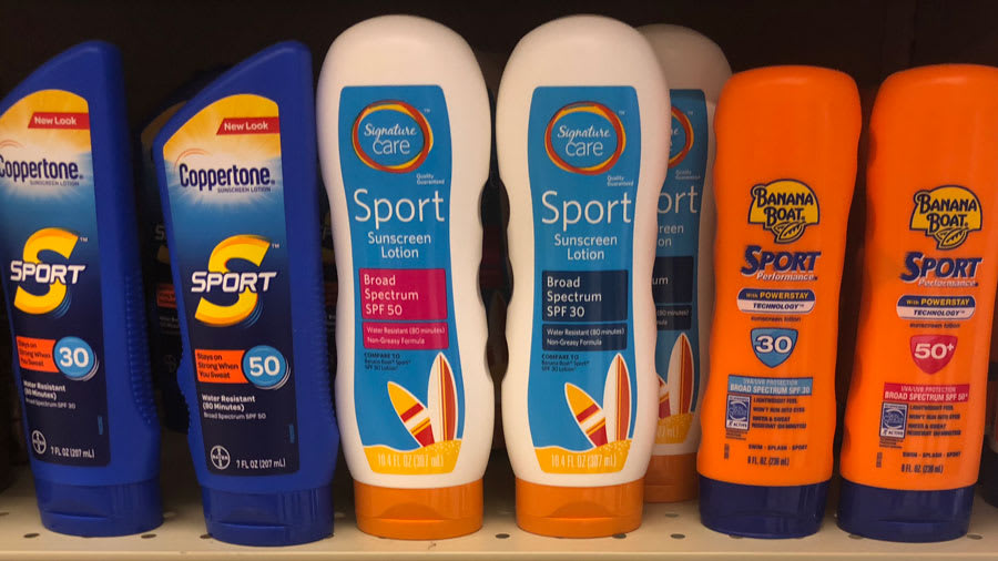 Water resistant sunscreens on a shelf