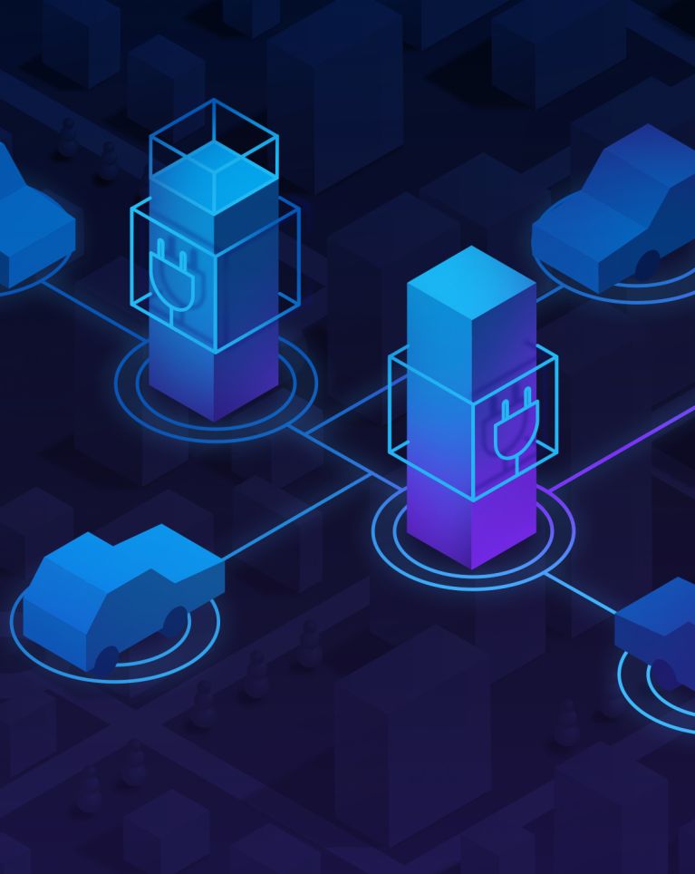 Illustration of five cars connected to two charging towers – representing data solutions for energy providers with Mercedes-Benz Data