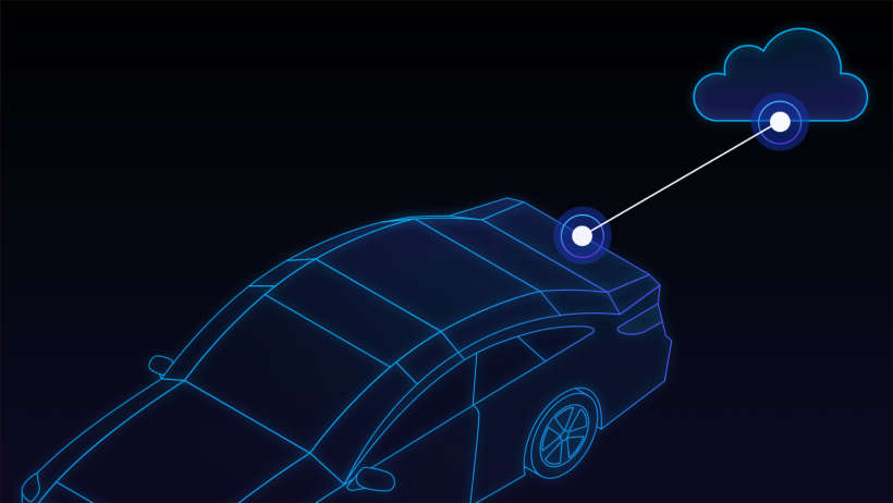 Illustration of a connected car with secured cloud-based data transfer via API