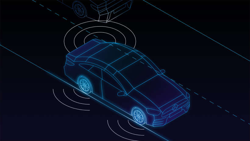 Mercedes-Benz Data illustration of lane keeping and blind spot warning by showing a car's sensor technology