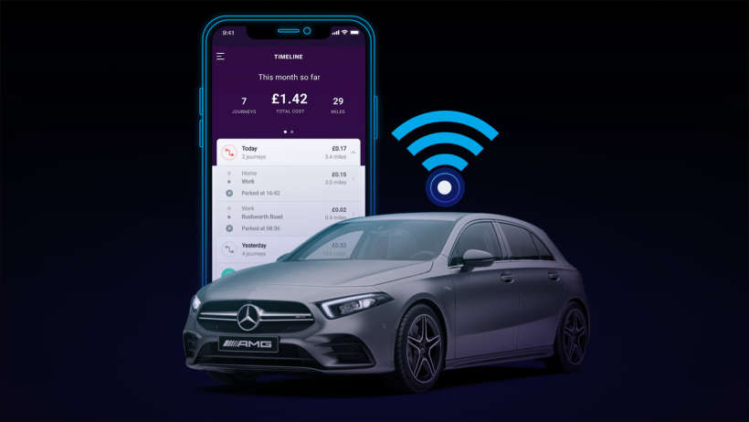 Connected Mercedes-Benz car and smartphone representing a By Miles insurance show case with Mercedes-Benz Data